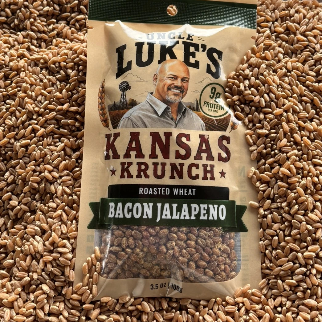 Uncle Luke's Kansas Krunch Bacon Jalapeno flavor bag on raw wheat berries