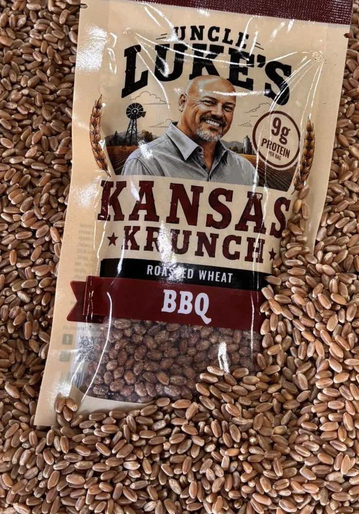 Uncle Luke's Kansas Krunch BBQ flavor bag on raw wheat berries