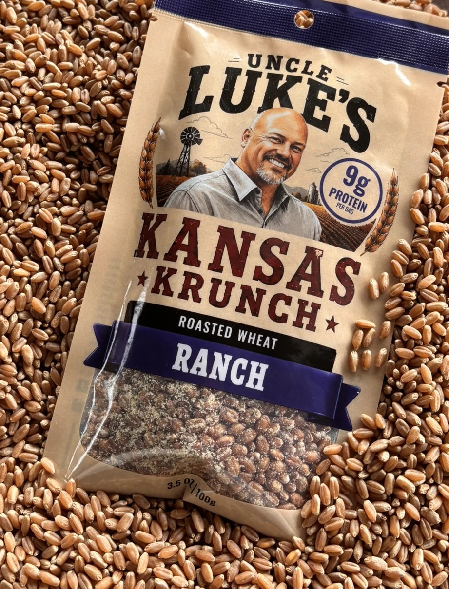 Uncle Luke's Kansas Krunch Ranch flavor bag on raw wheat berries
